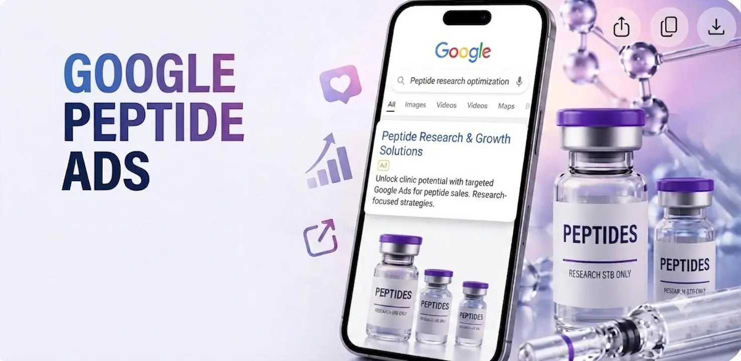Peptides Google Ads campaigns running on Google Search and Display with high ROAS results