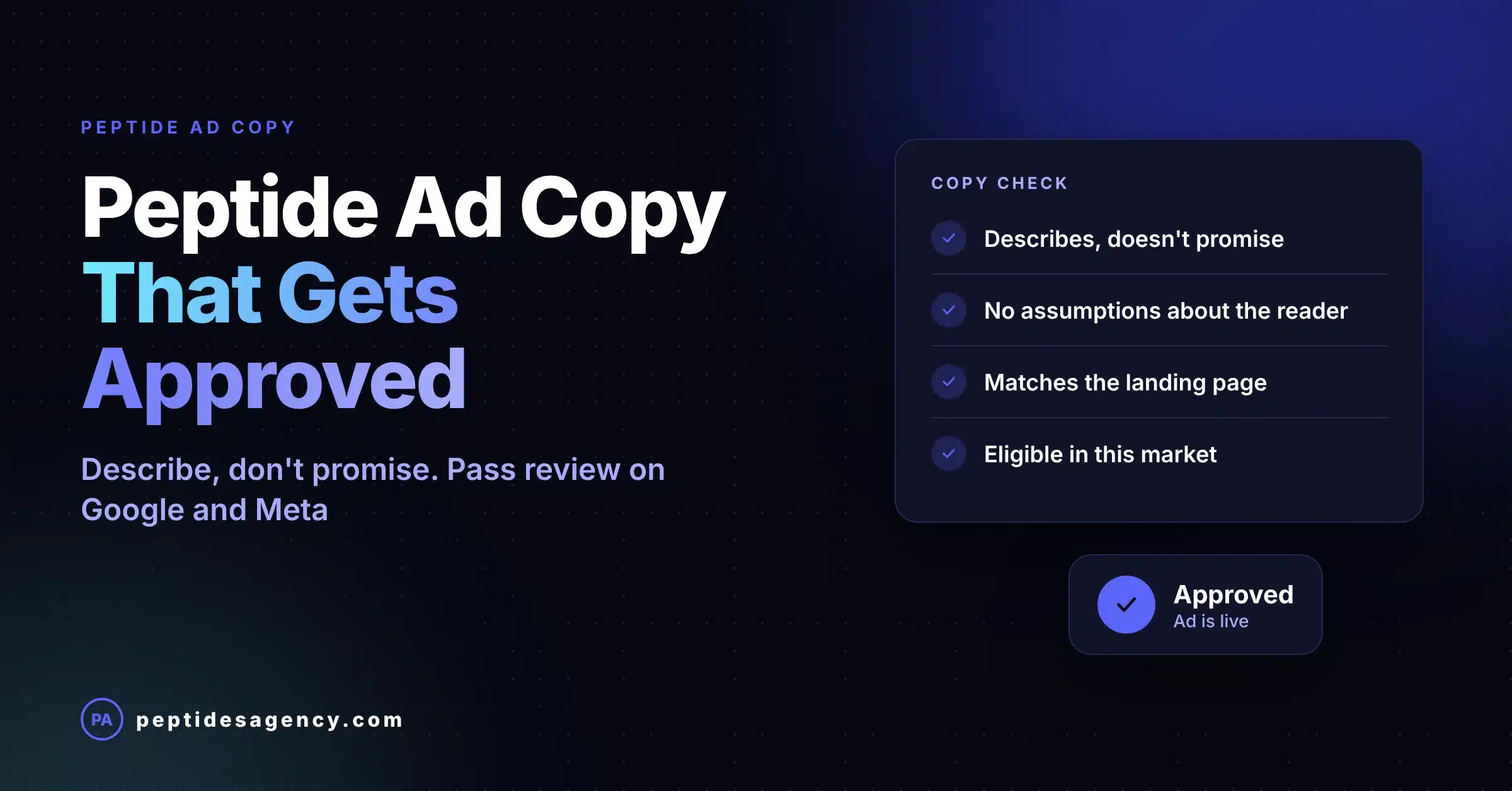 Peptide ad copy checklist for passing Google and Meta review without promises or reader assumptions