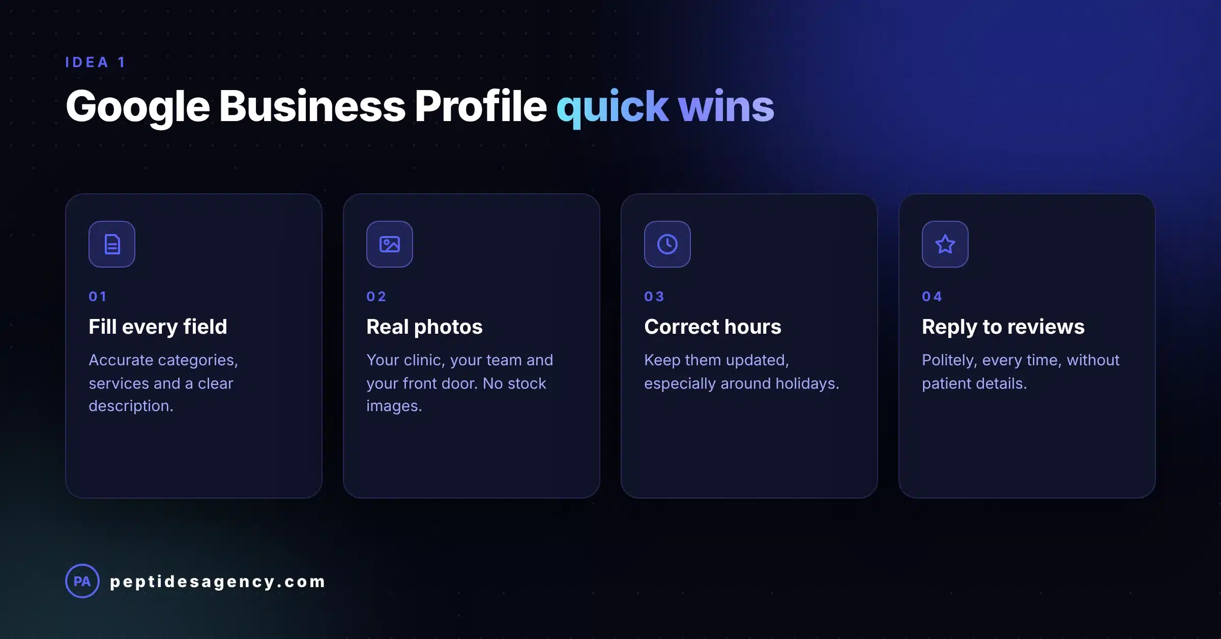 Google Business Profile tips for peptide clinics: fill every field, real photos, correct hours, reply to reviews
