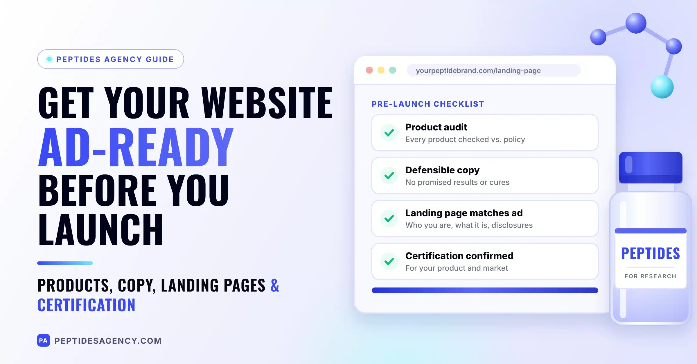 Checklist for preparing a peptide website and landing page before running Google Ads